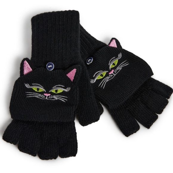 Women's Black Kitty Cat Fingerless & Mittens Gloves NWT - Picture 1 of 12